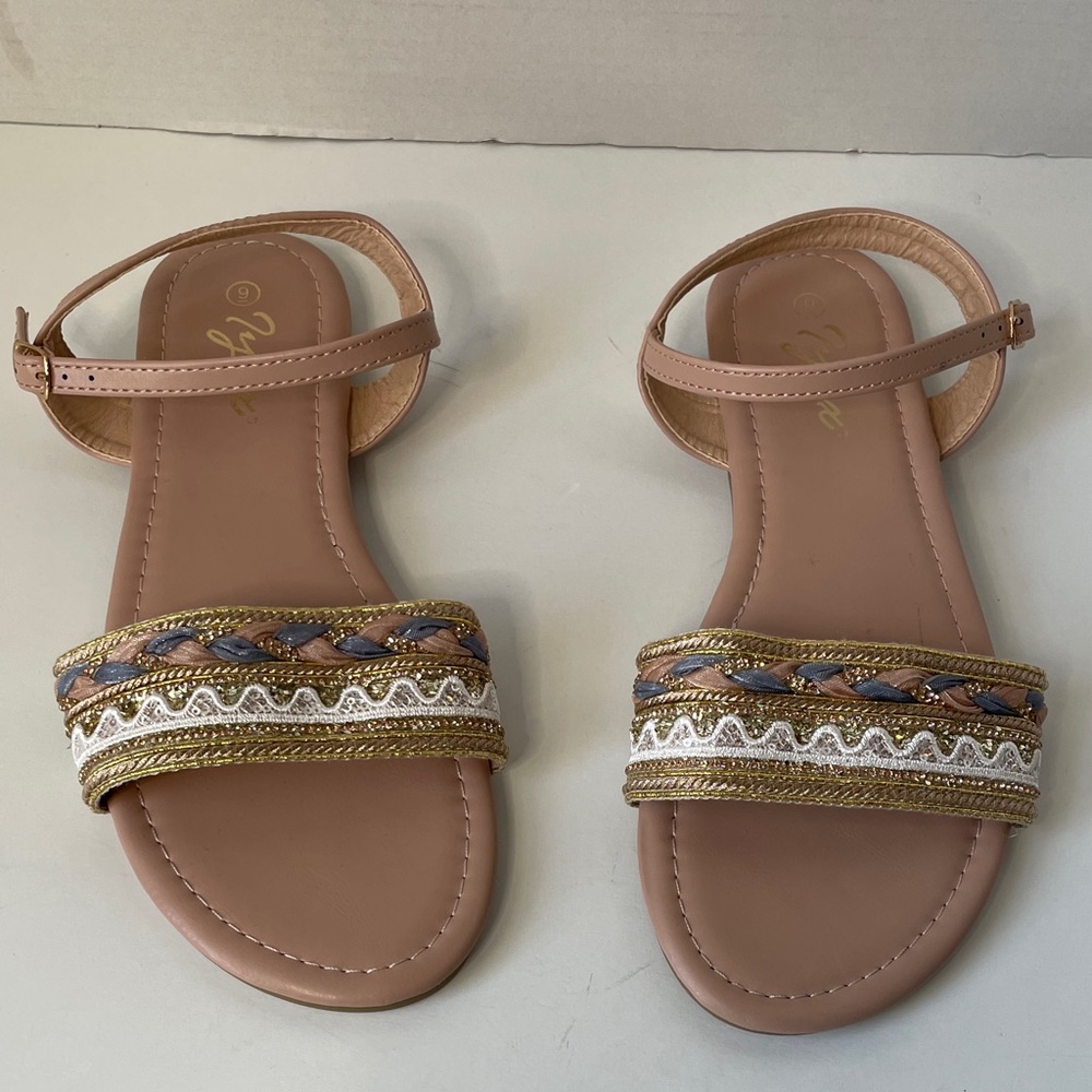 IYNX Women's Tan Sandals  Size 9 with Embroidered Strap